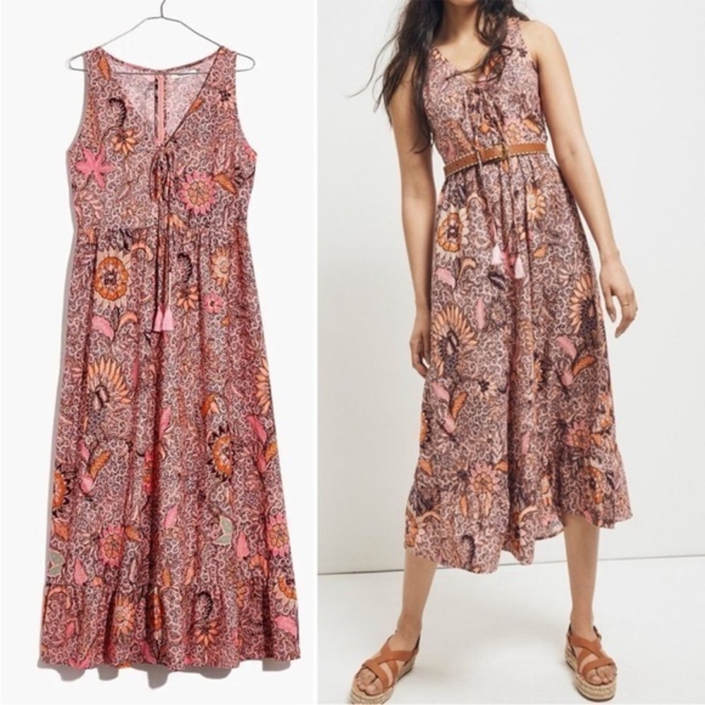 Like Madewell Lace Up Ruffle Hem Midi Dress in Blush Pink Bali Blooms Size 2
